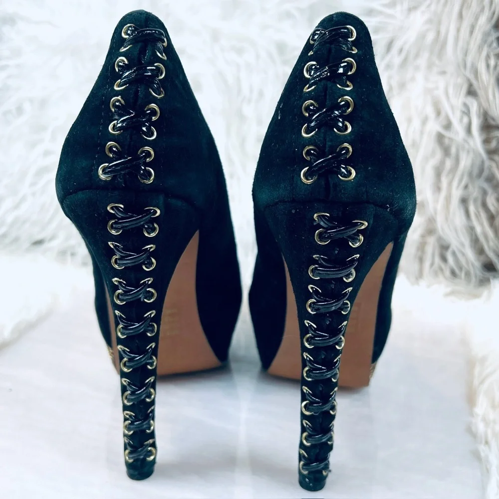 Black Platform Peep Toe Lace Corset Heel P…